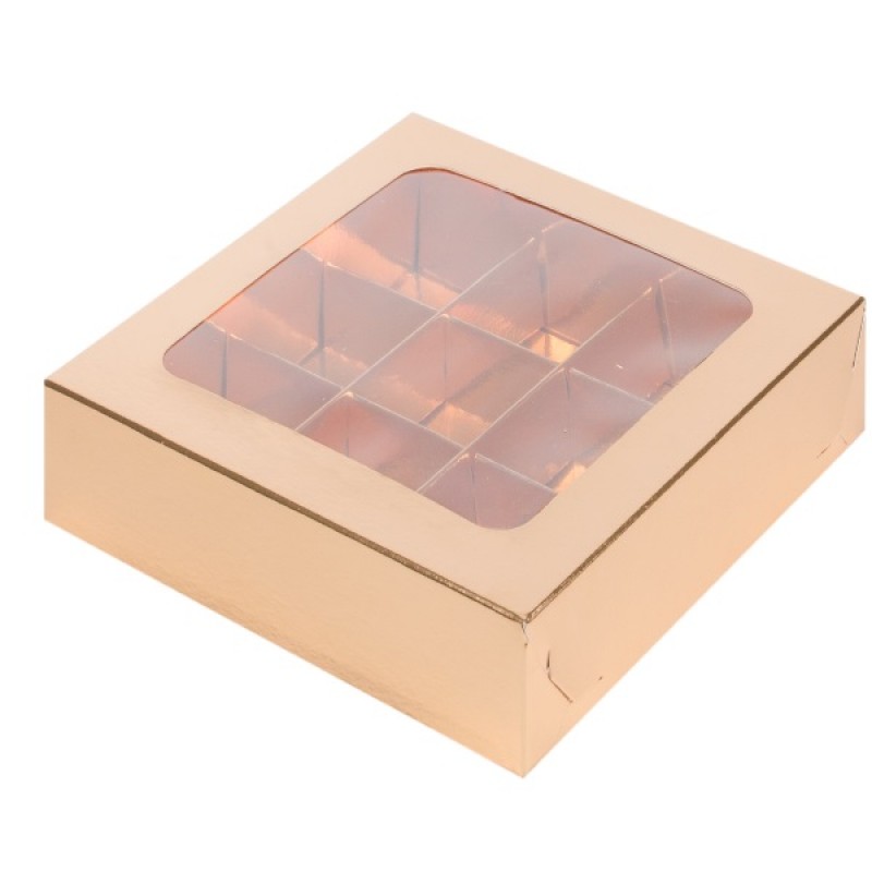 Коробка для конфет на  9шт золото с прозрачной крышкой